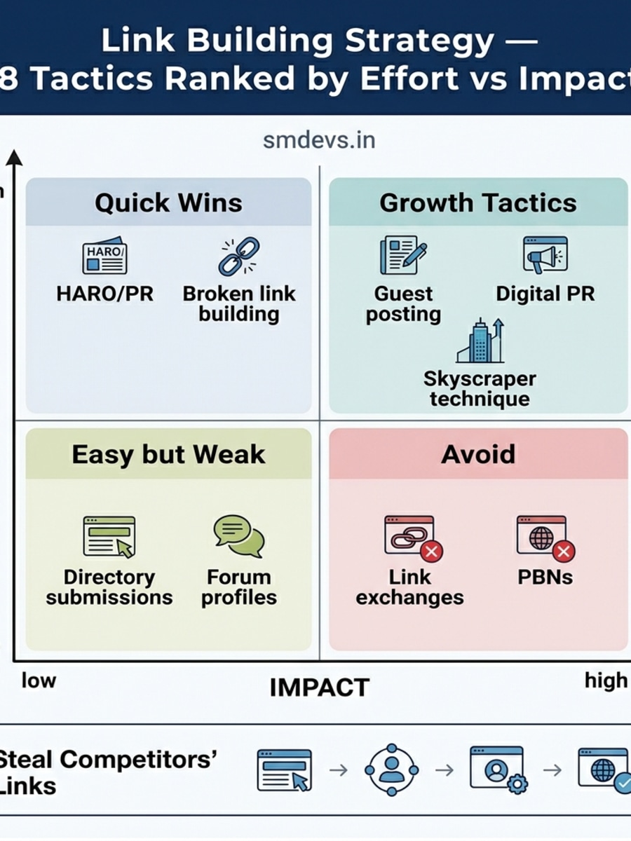 Backlink building strategy infographic showing a 2x2 effort vs impact matrix with Quick Wins (HARO, broken link building), Growth Tactics (guest posting, digital PR), Easy but Weak (directories), and Avoid (link exchanges, PBNs)