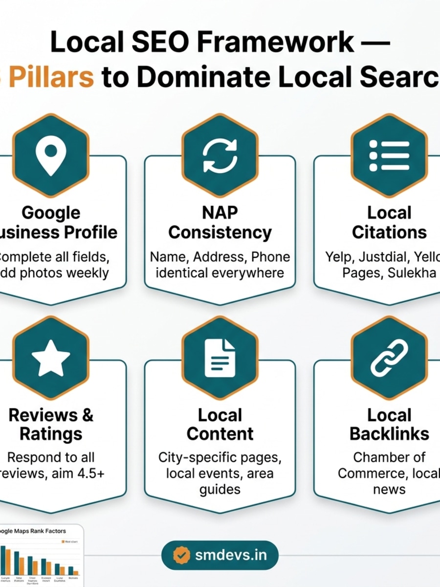 Local SEO framework infographic showing 6 hexagonal pillars: Google Business Profile, NAP consistency, local citations, reviews and ratings, local content, and local backlinks