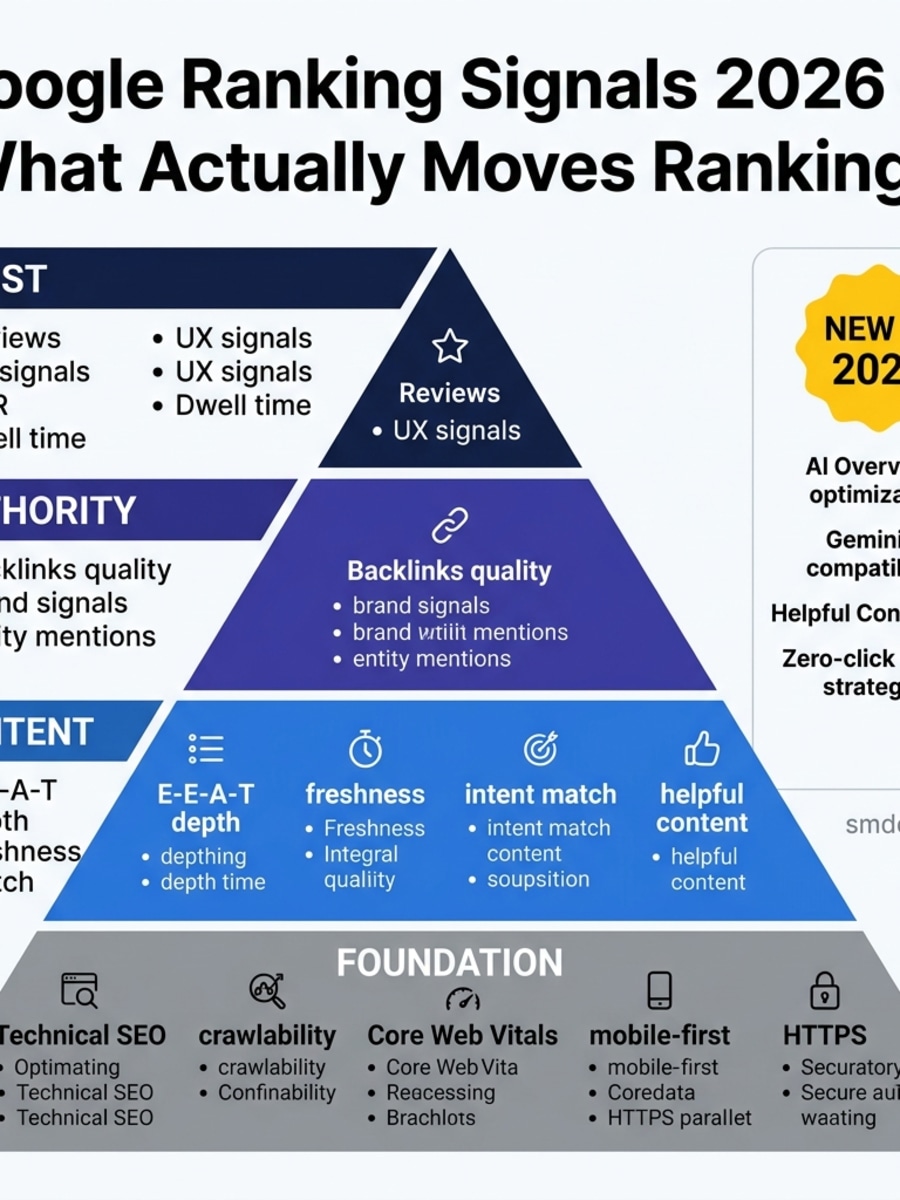 Google ranking signals 2026 infographic showing a 4-tier pyramid: Foundation (technical SEO), Content (E-E-A-T), Authority (backlinks), Trust (reviews, UX) with a New in 2026 sidebar for AI Overviews, Helpful Content 3.0 and Gemini compatibility