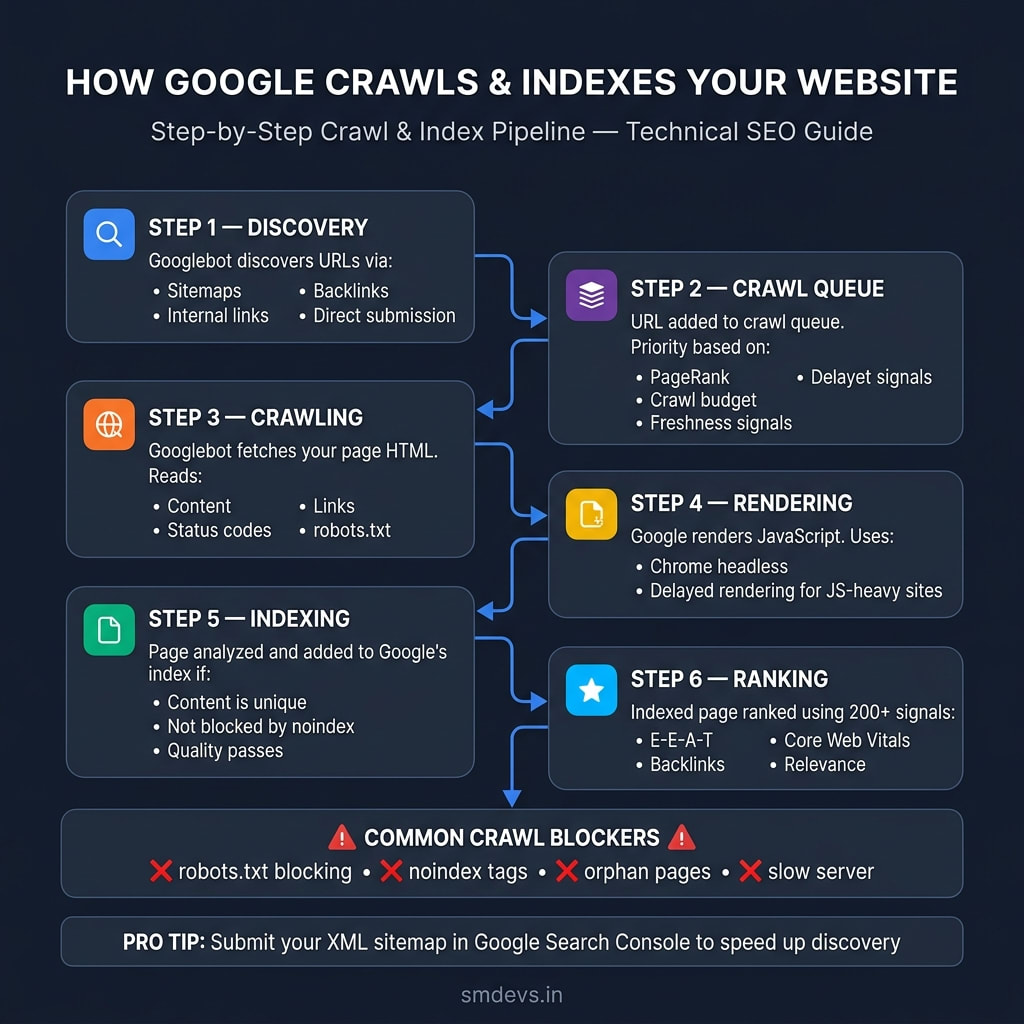 Google crawl and index guide infographic showing 6 steps: Discovery, Crawl Queue, Crawling, Rendering, Indexing, and Ranking with connecting arrows, plus a Common Crawl Blockers section