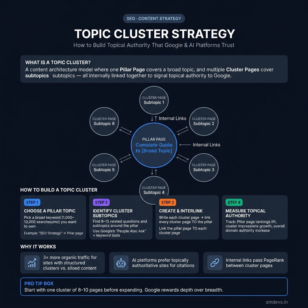 Topic cluster and pillar page strategy infographic showing a hub and spoke diagram with pillar page at center connected to 6 cluster pages via internal links, plus a 4-step implementation guide and why it works statistics