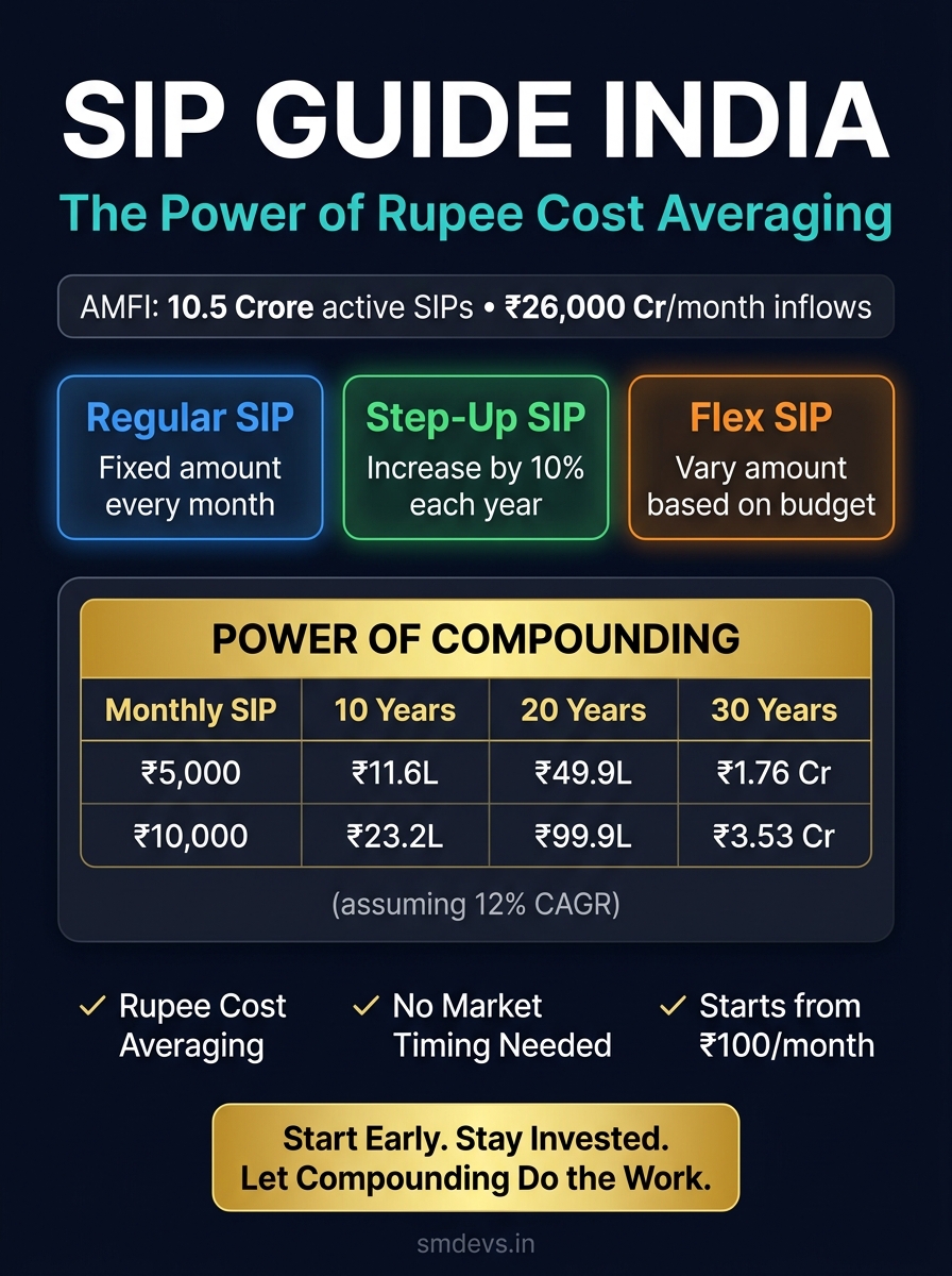 SIP investment guide infographic showing three SIP types — regular, step-up, and flex — a compounding returns table showing 5000 per month growing to 1.76 crore in 30 years, and three core benefits of SIP investing in India