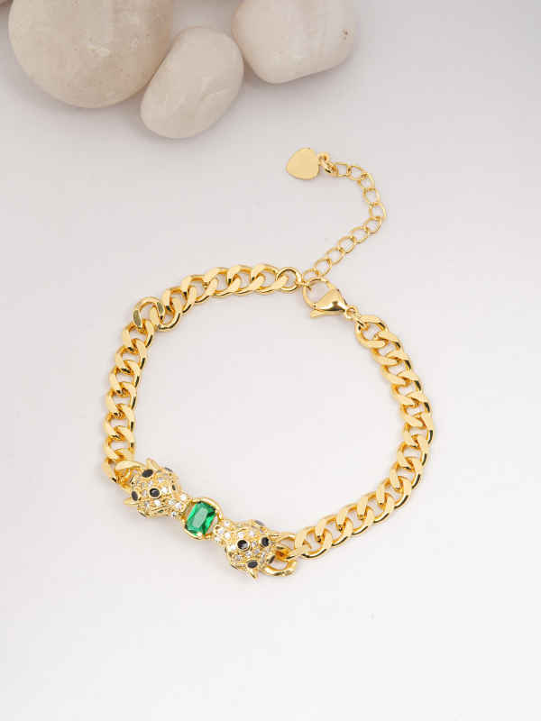 Gold Panther Head Link Bracelet