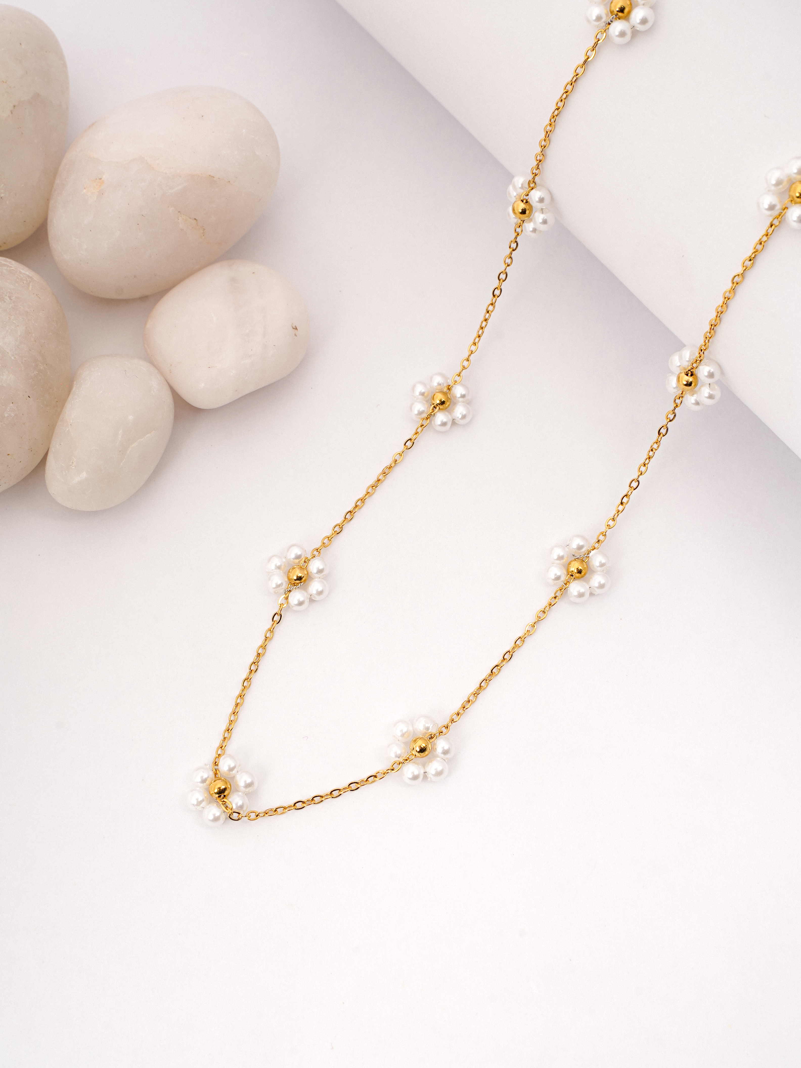 Pearl & Gold Floral Long Necklace