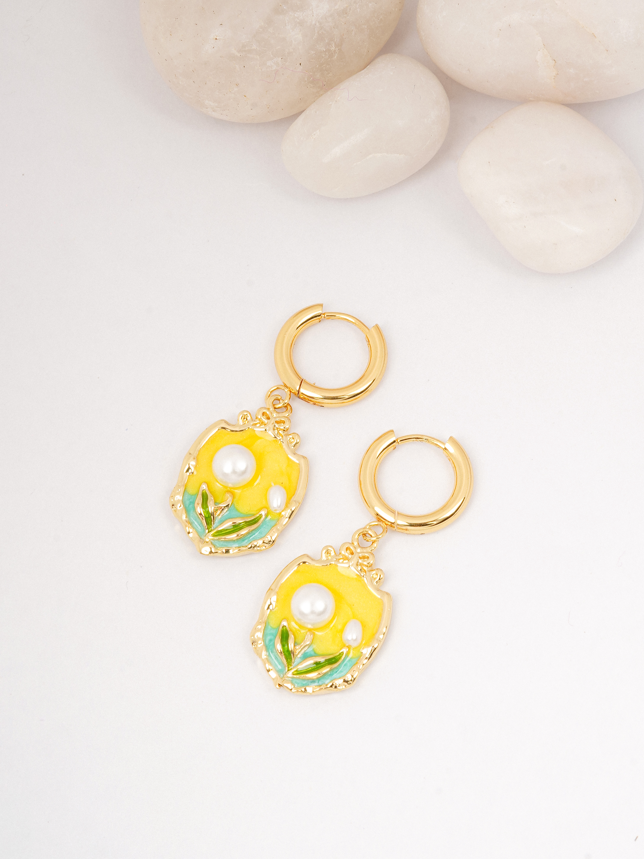 Enamel Floral Drop Hoop Earrings