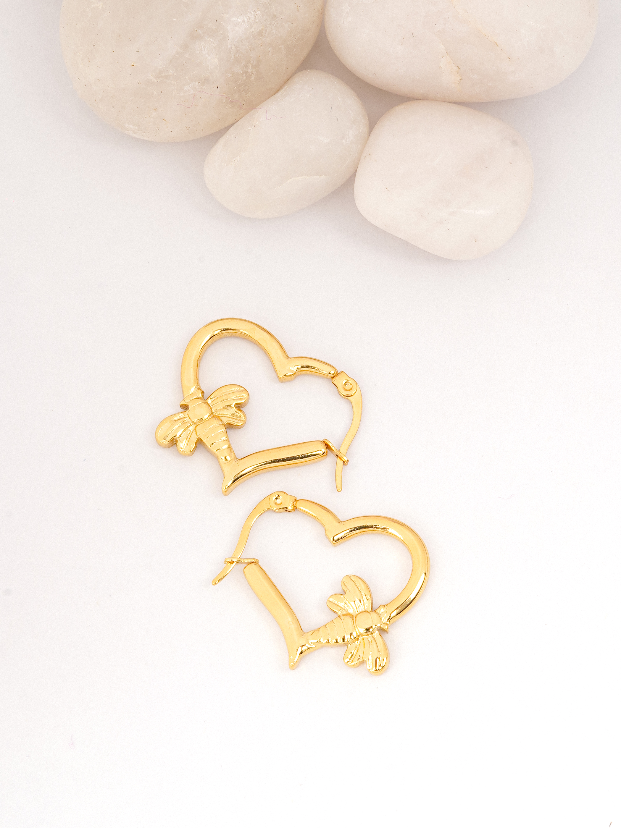 Whimsical Gold Heart Hoop Earrings with Bee Charm