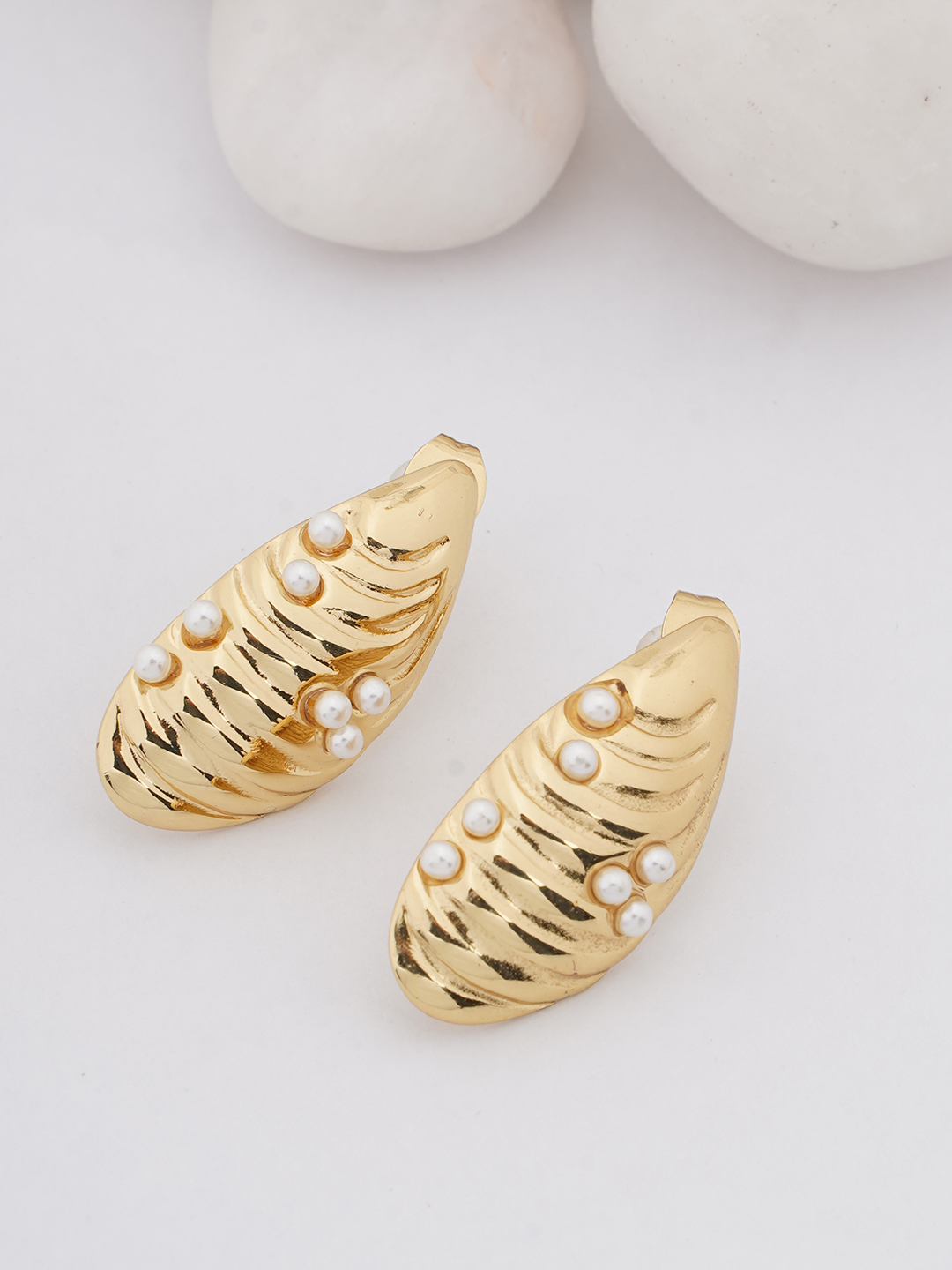 Gold Pearl Leaf Stud Earrings