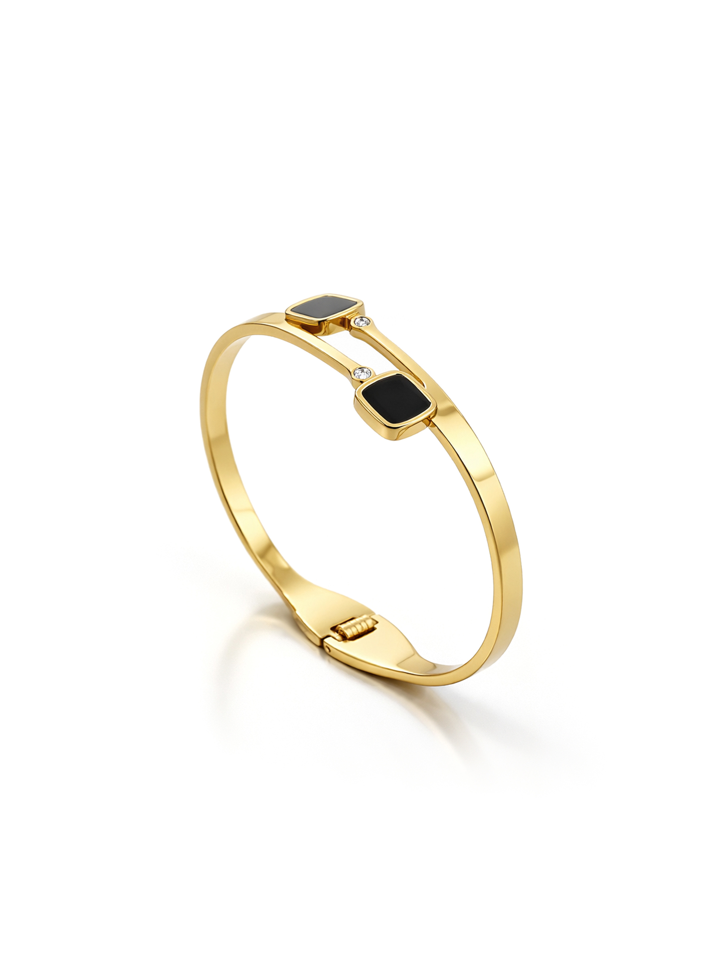 Elegant Golden Bangle Bracelet With Square Black Stones
