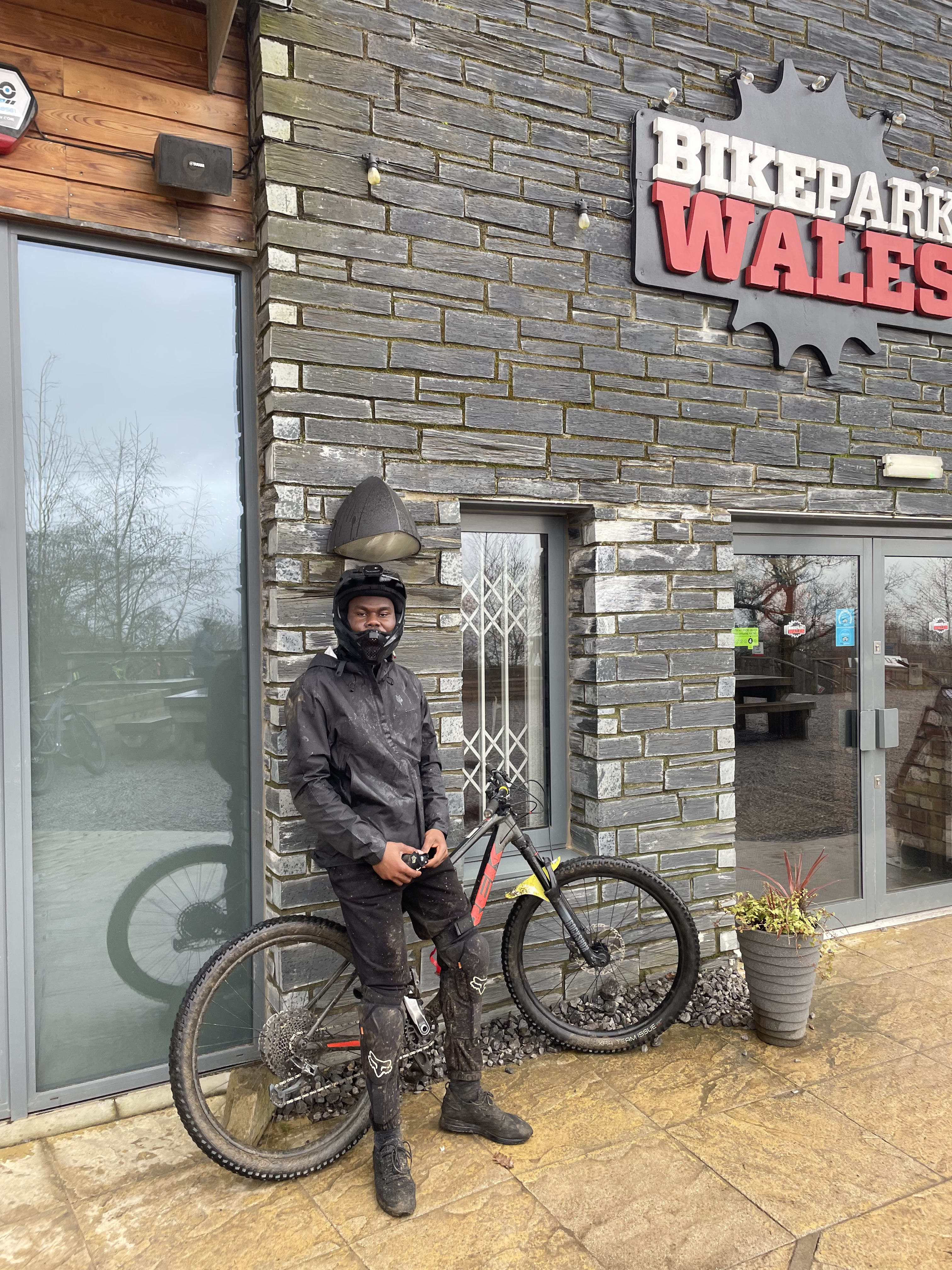 Me all muddy after the third laps, cycling down the Green and Blue trails at Bike Park Wales.