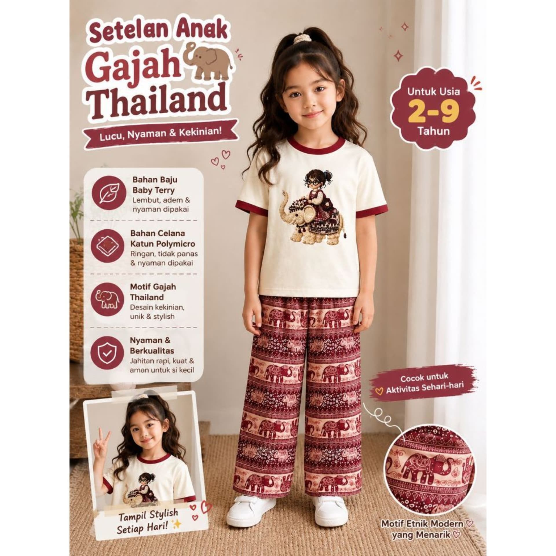 One set anak Gajah thailand viral 2-9thn/Baju anak kekinian/setelan anak perempuan/baju anak gajah