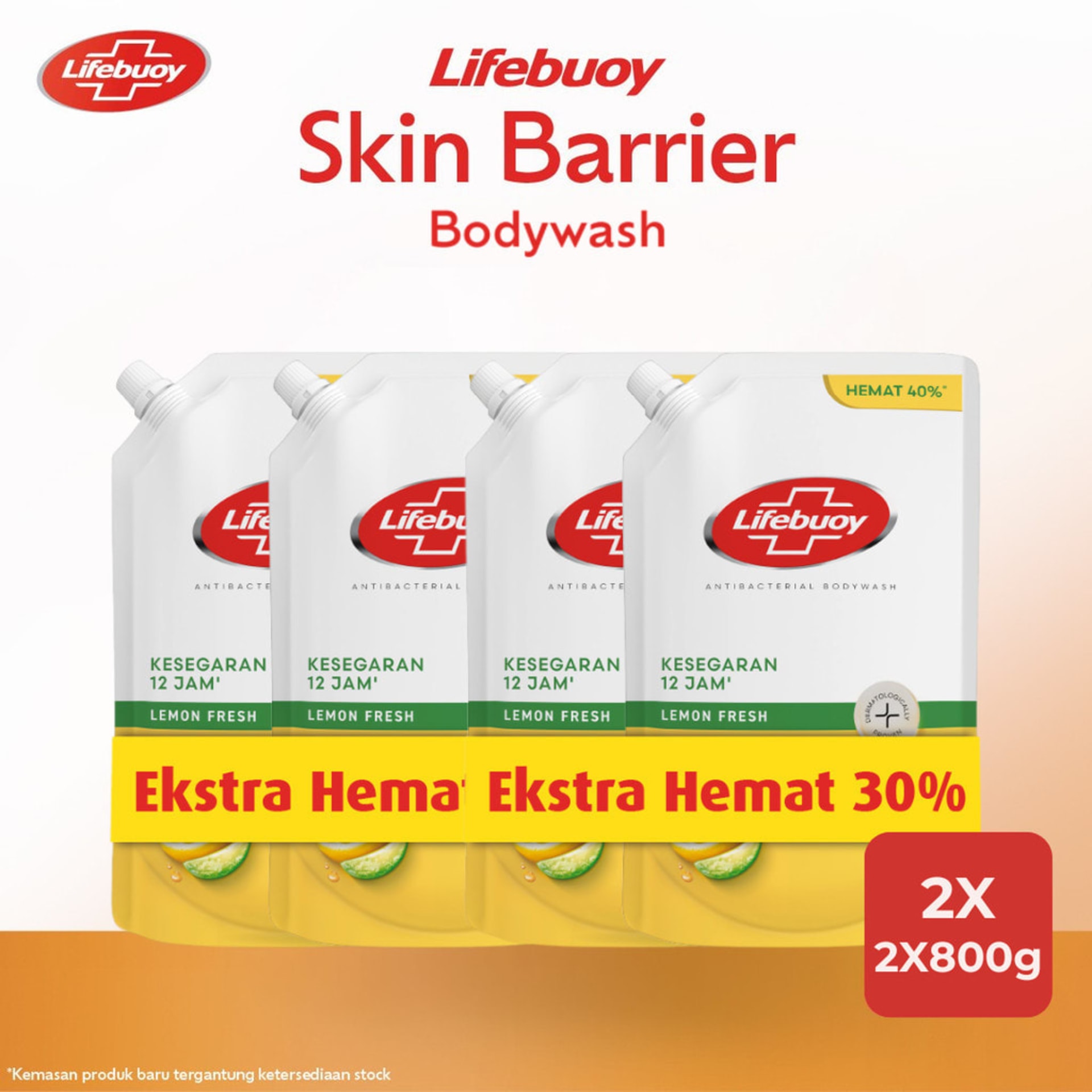 [LEBIH HEMAT 30%] Lifebuoy Sabun Mandi Cair Anti Bacterial Body Wash Lemon Fresh 100% Lebih Kuat Lawan Kuman, Kesegaran 12 Jam 800 mL x4