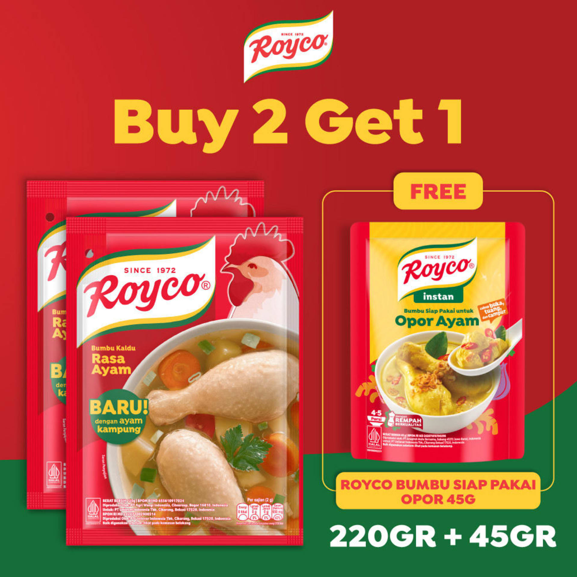 Royco Bumbu Kaldu Penyedap Rasa Ayam Formula Baru Ayam Kampung 2x220g GRATIS Royco Bumbu Siap Pakai Opor 45g - Royco Bumbu Siap Pakai Opor Ayam 45g