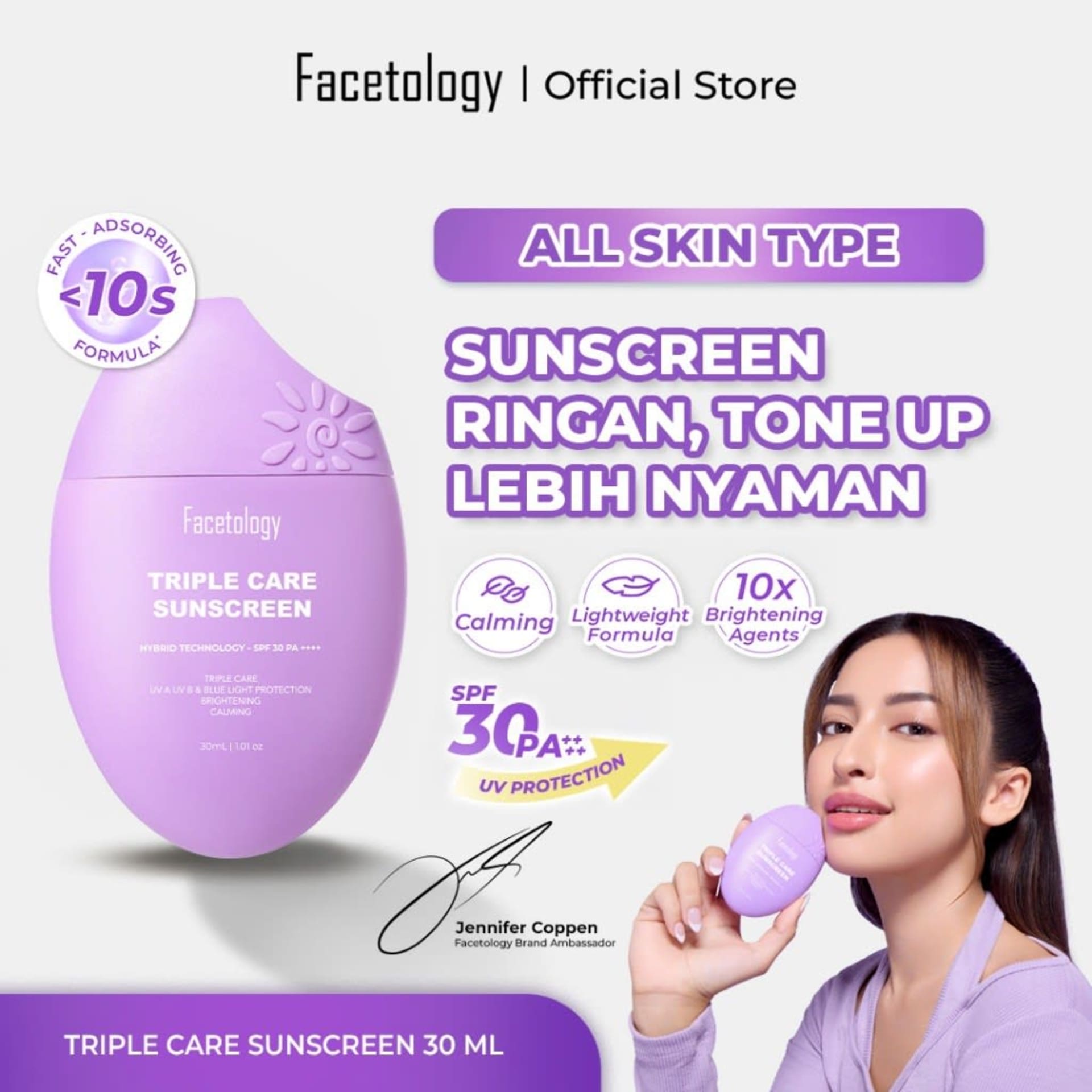 [Exclusive] Facetology Triple Care Sunscreen SPF 30 PA++++ 30ML - Tabir Surya Ringan Bantu Proteksi dan Melembabkan Kulit Aman Untuk Kulit Berjerawat Sensitif All Skin Type