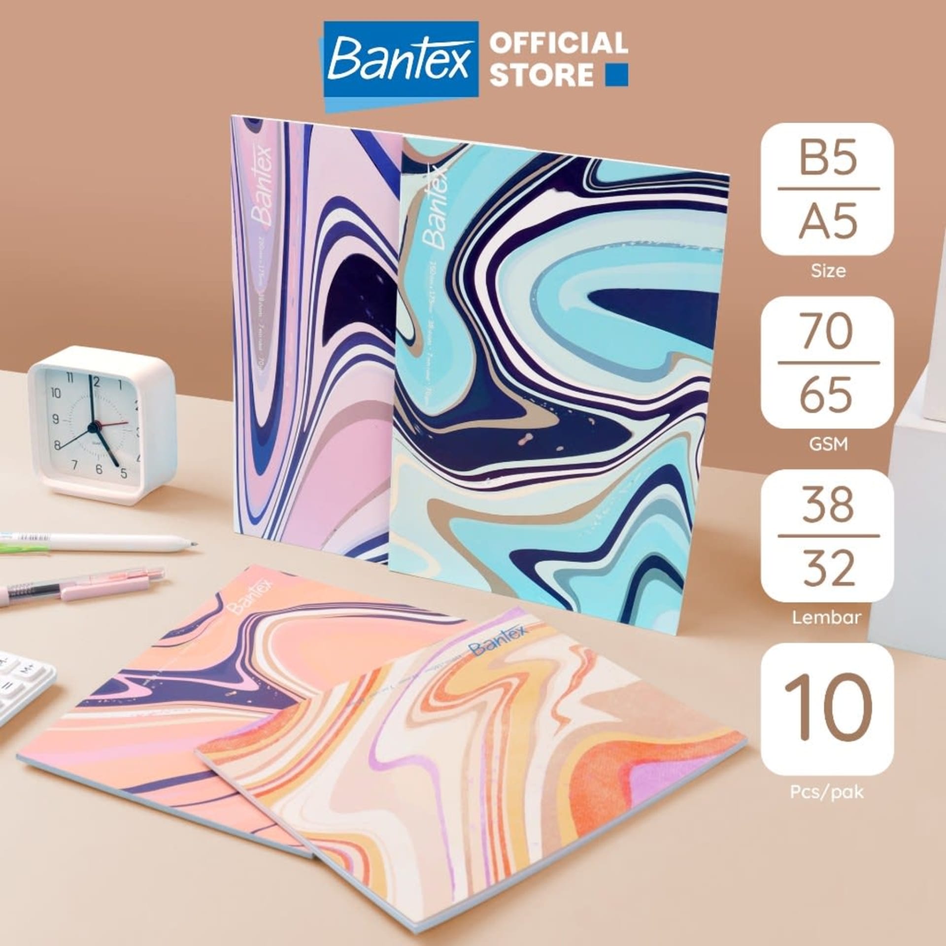 Bantex Buku Tulis Isi 10 Pcs Marble A5/B5 Notebook Catatan Jurnal Bergaris Cover Desain Marble 1 Pack (10 Pcs)