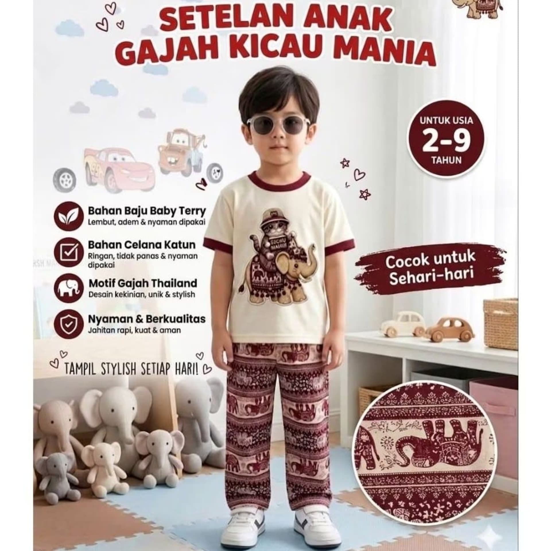 Oneset Anak - Setelan Anak Motif Viral Gajah Kicau Mania Usia 2 - 9 Tahun / Setelan Anak Terbaru