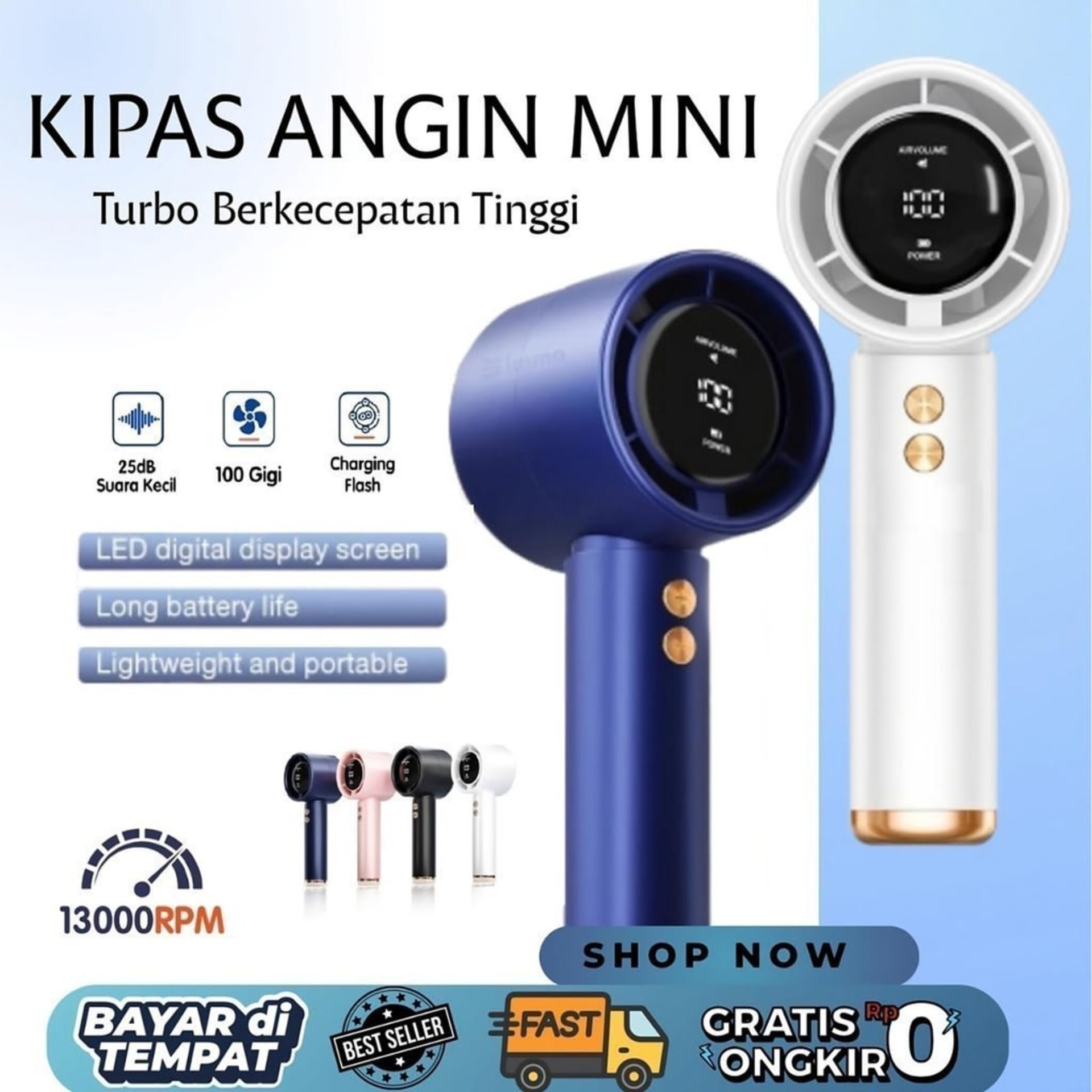 USB Mini Fan Kipas High-speed kipas angin turbo portable Digital Display Adjustable Turbo USB Mini Fan