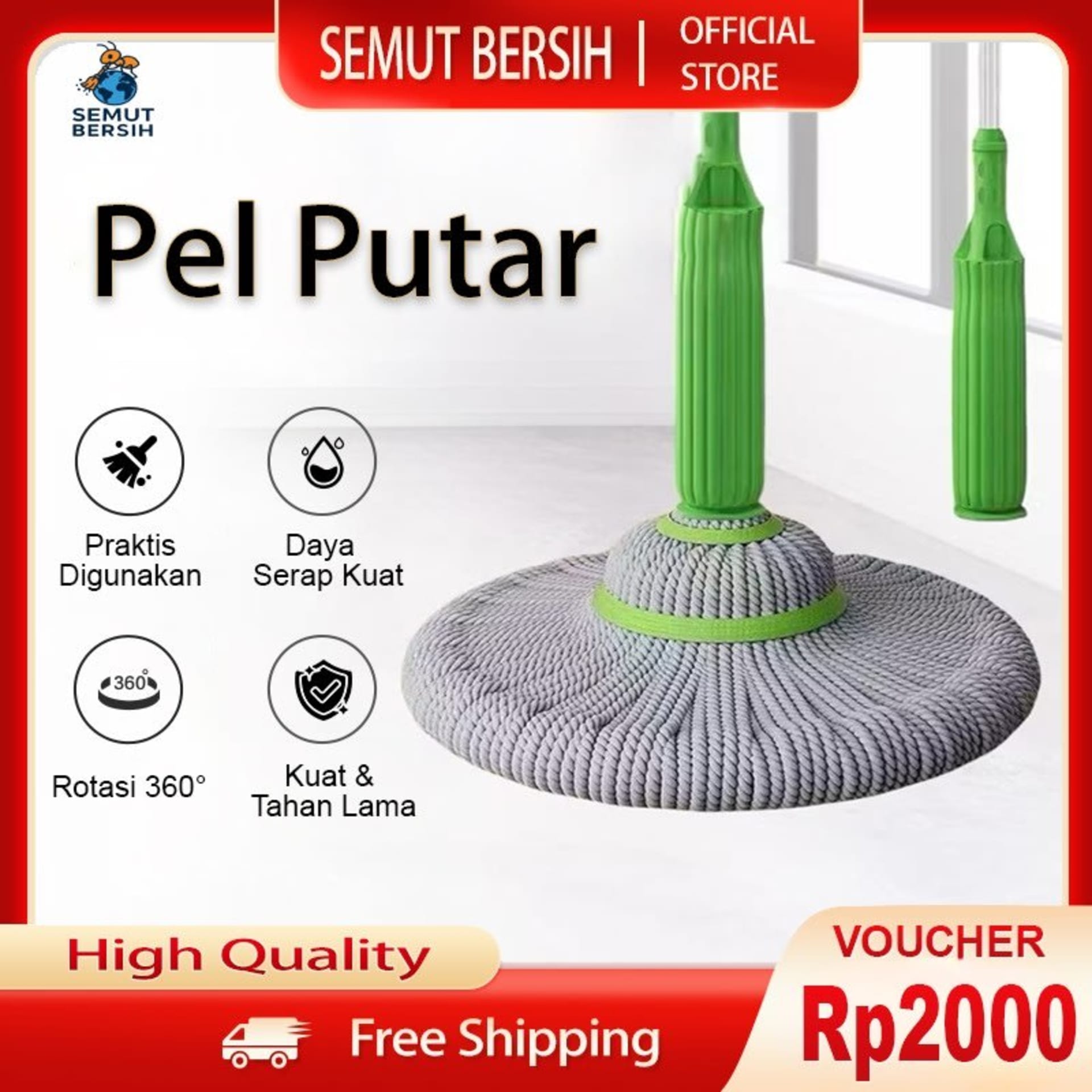 SEMUT BERSIH Pel Putar | Twist Mop |  Pel Lantai Putar Otomatis dengan Kain Mikrofiber Daya Serap Tinggi Gagang Hijau
