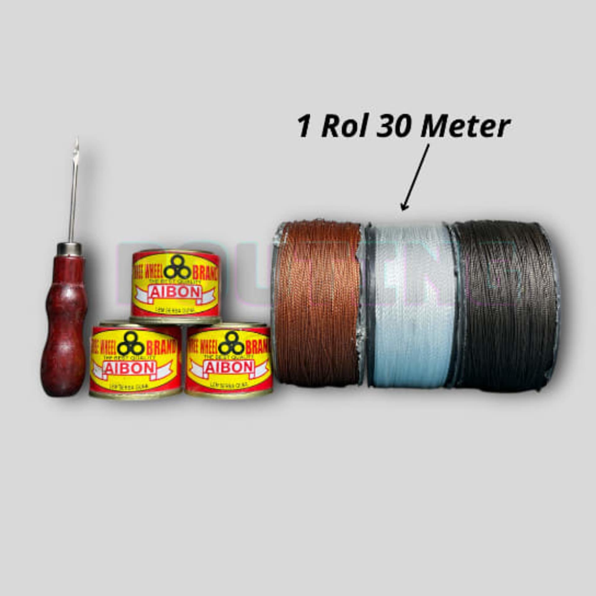 Paket sol sepatu isi 5.Benang 3 warna panjang+-30 M,jarum sol,lem aibon