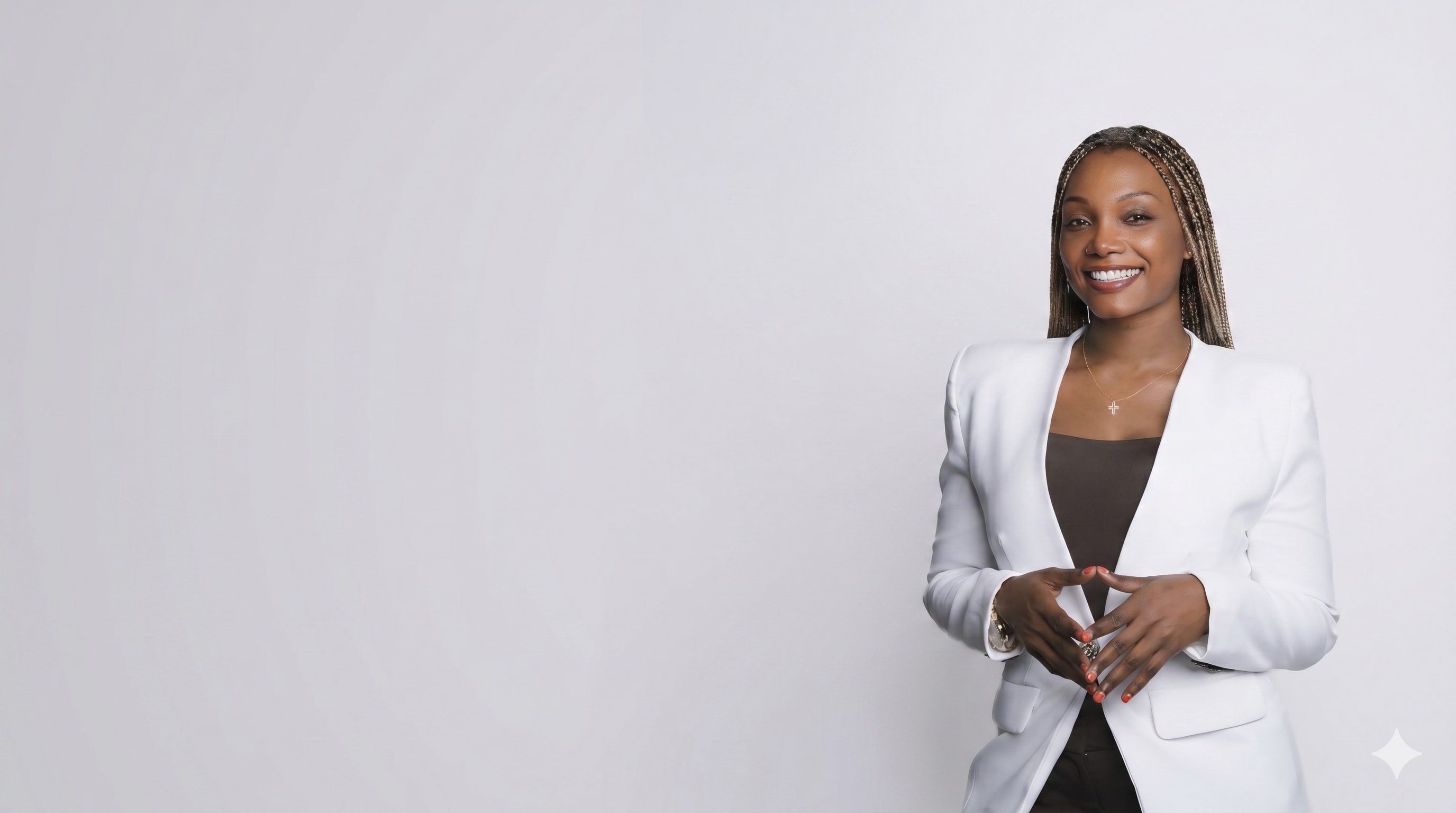 Founder of LegacyTress in a white blazer, smiling