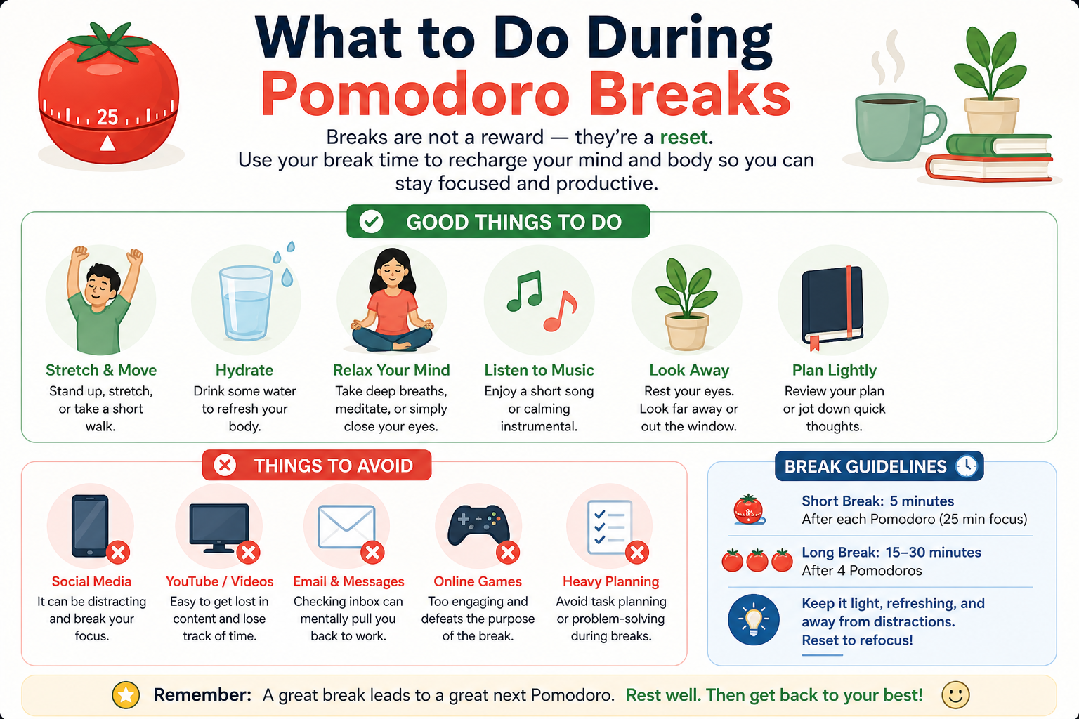 The break is not a pause in the Pomodoro Technique — it is a required part of it. This guide explains what Cirillo originally intended for break time, what the research says about which activities actually restore focus, and gives you concrete ideas for both your 5-minute short breaks and your 15–30 minute long breaks.