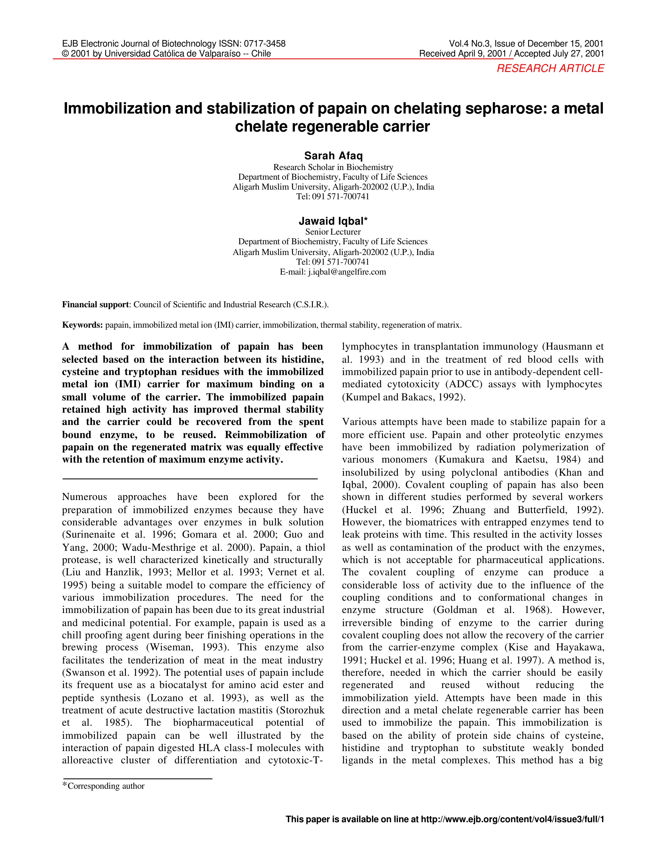 Immobilization and stabilization of papain on chelating sepharose: a metal chelate regenerable carrier