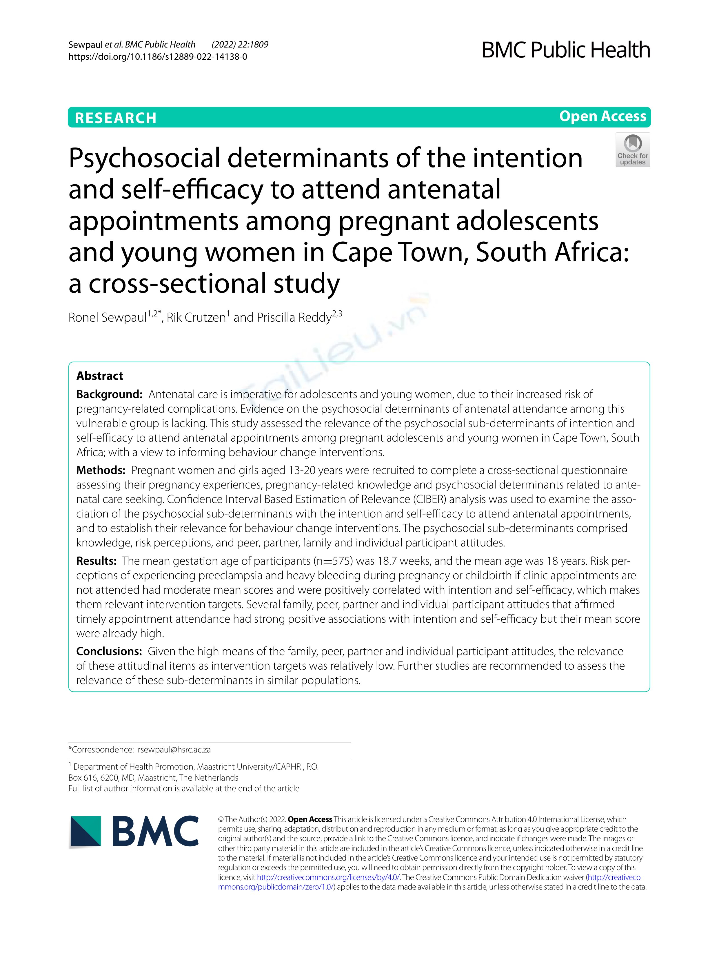 Psychosocial determinants of the intention and self efficacy to attend antenatal appointments among