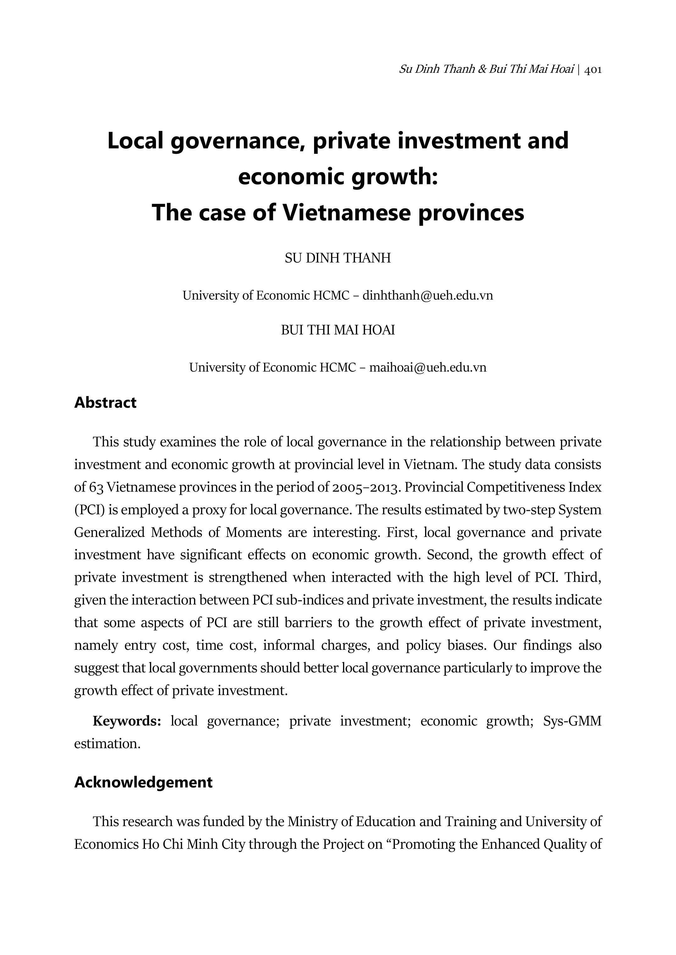 Local governance, private investment and economic growth the case of vietnamese provinces