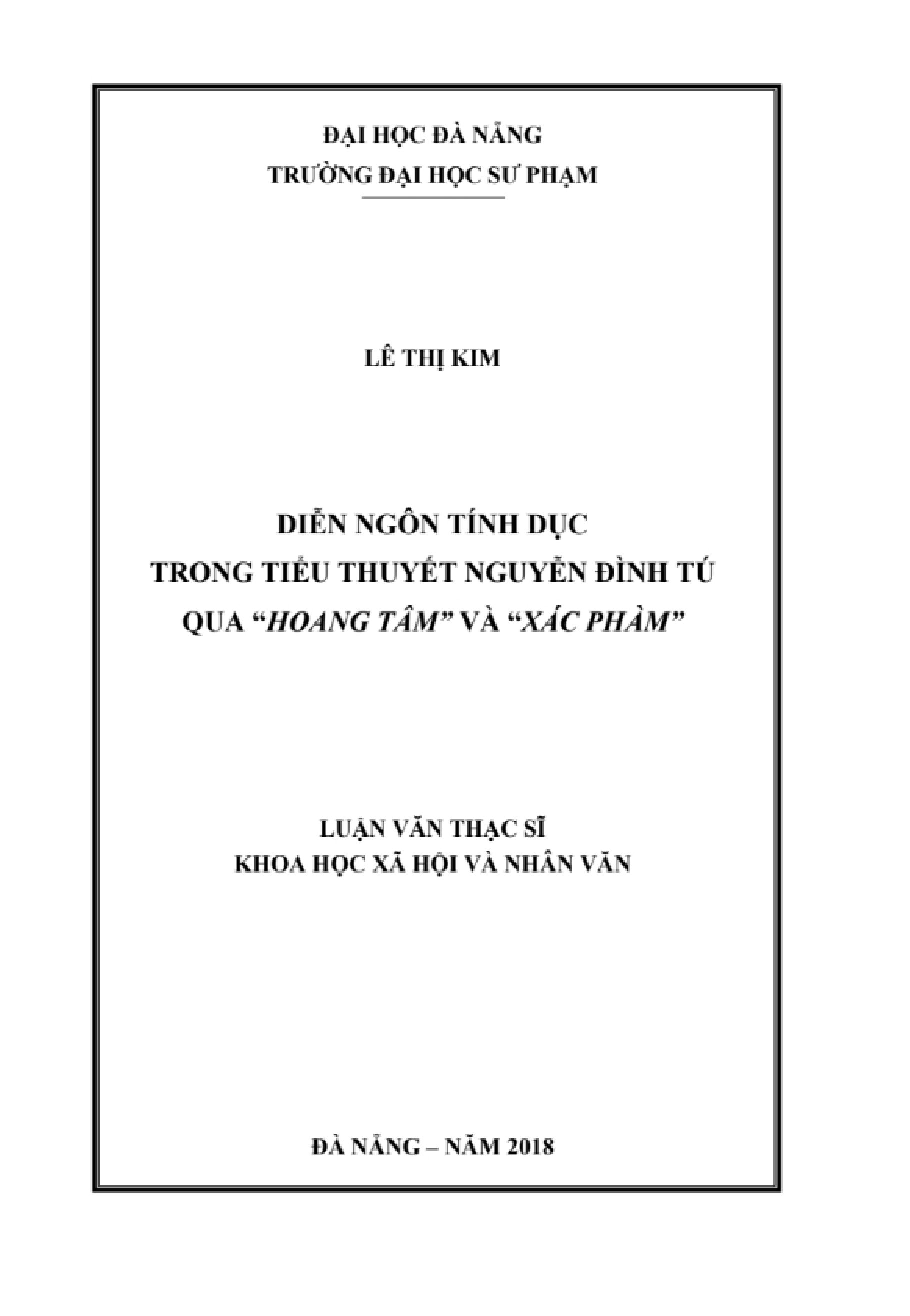 Luận văn Thạc sĩ Văn học Việt Nam: Diễn ngôn tính dục trong tiểu thuyết Nguyễn Đình Tú qua Hoang tâm