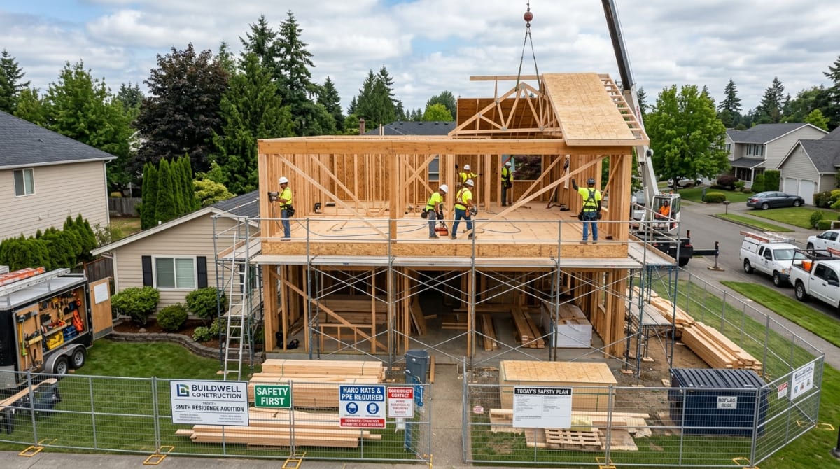 Well-managed second-story addition construction project showing professional contractor practices