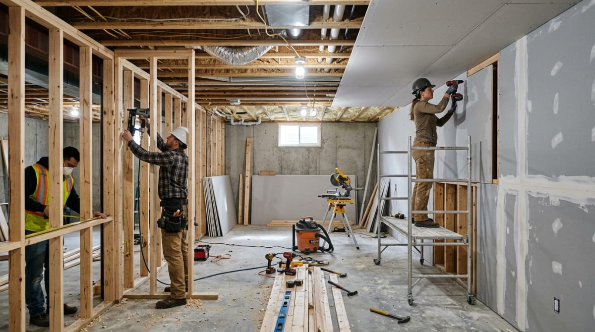 Basement remodeling framing and drywall work showing construction quality in Chicago basement finish