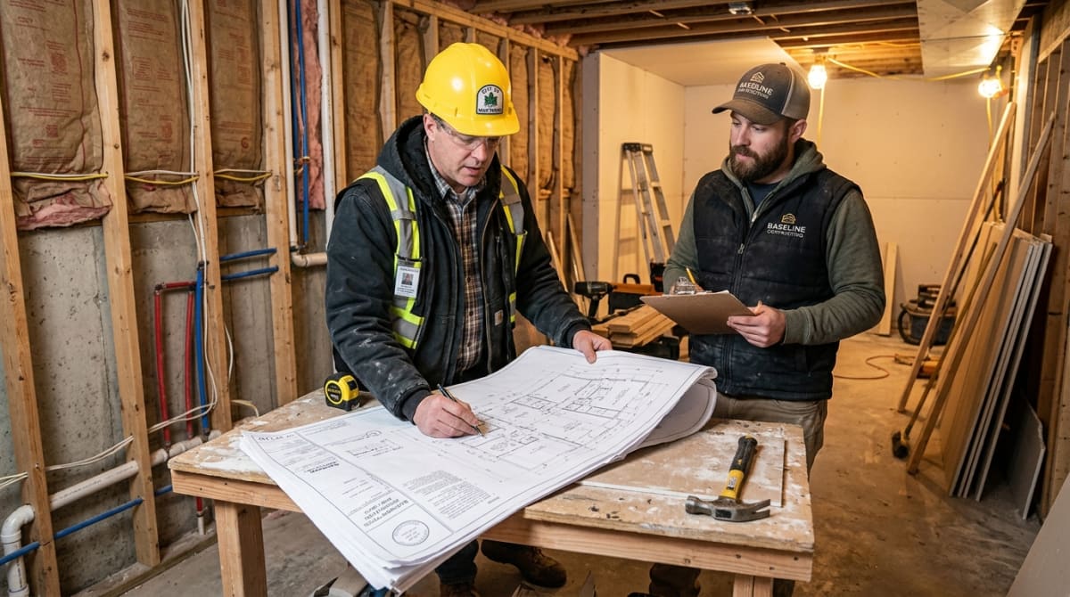 Building permit posted on Chicago home during basement remodeling renovation