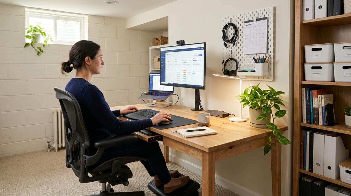 Ergonomic basement office workspace with proper desk height, monitor positioning, and vertical storage solutions