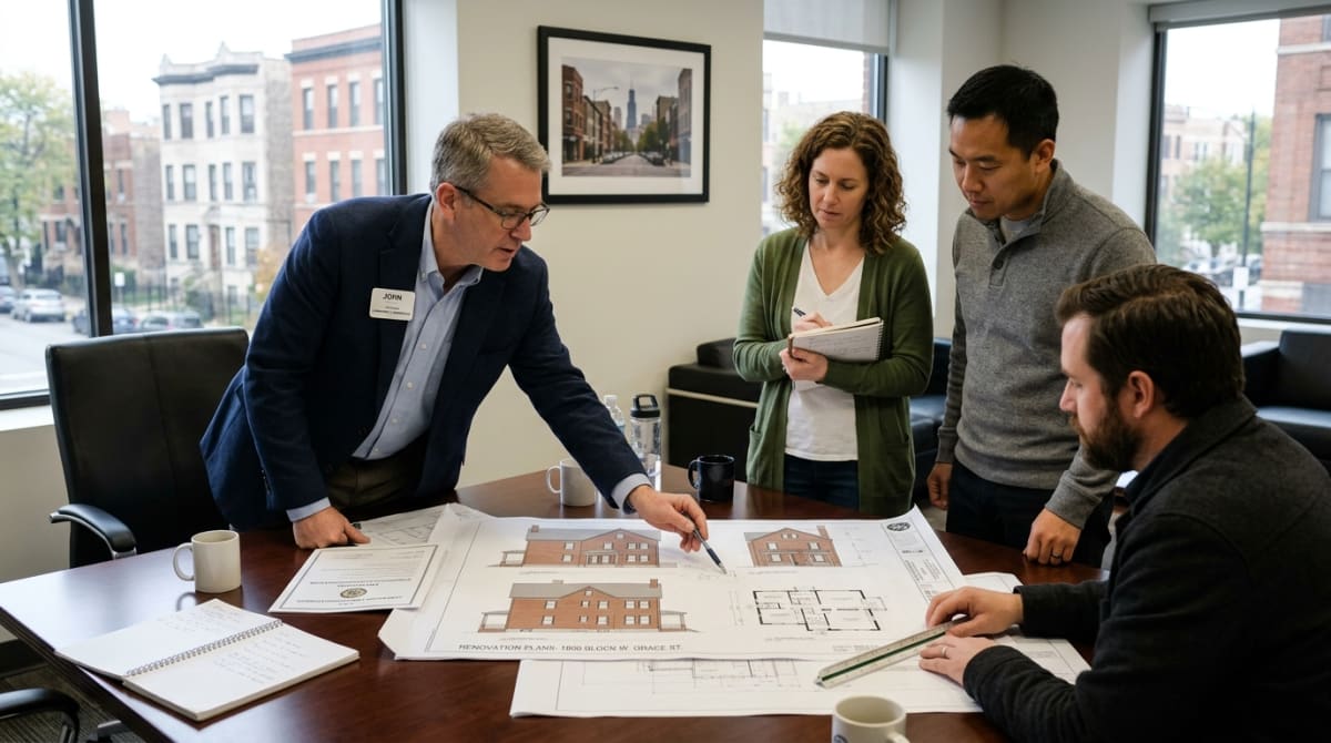 Historic preservation review meeting with architect and homeowners discussing renovation plans for Chicago landmark property