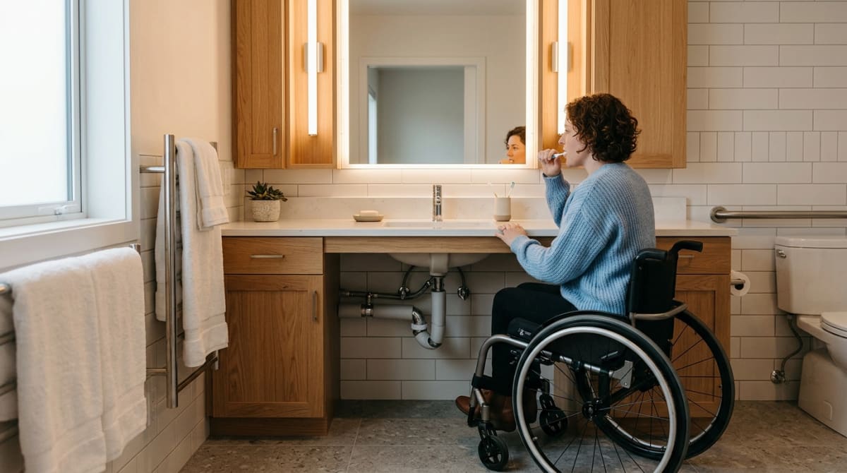 Accessible bathroom vanity with proper height and knee clearance designed for wheelchair users or standing with limited mobility