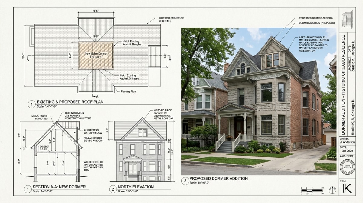 Architectural drawings showing designed dormer addition for historic Chicago home with character-respecting proportions