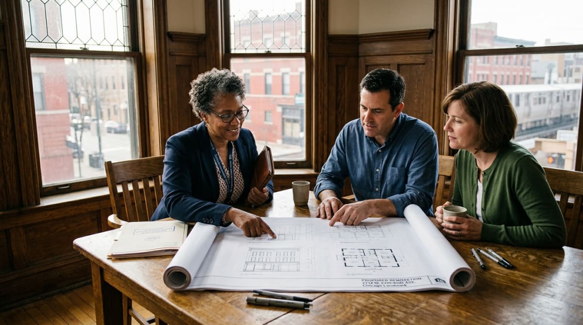 Historic preservation review meeting with homeowners and architect discussing renovation plans for Chicago landmark property