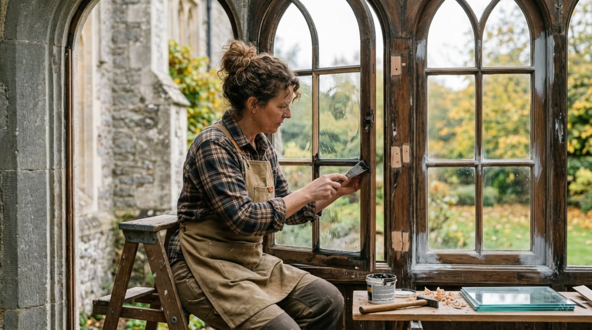 Historic window restoration showing craftsperson repairing frame and replacing glass while preserving original character