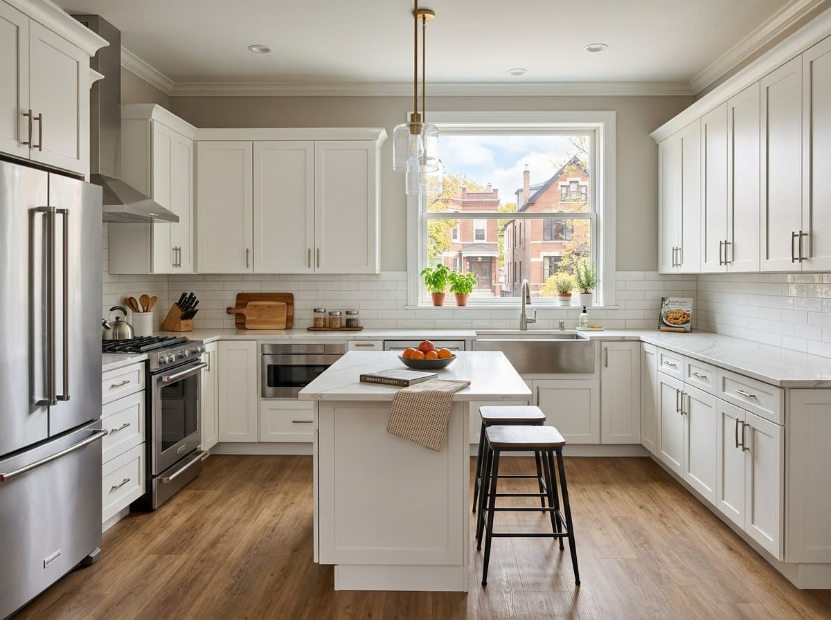 Renovated Chicago kitchen with quartz counters and semi-custom cabinetry showing mid-range remodel value