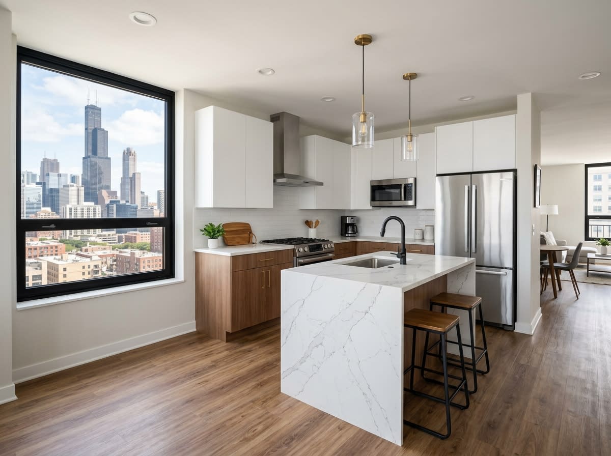 Renovated Chicago condo kitchen with quartz island and modern cabinetry showing mid-range remodel cost