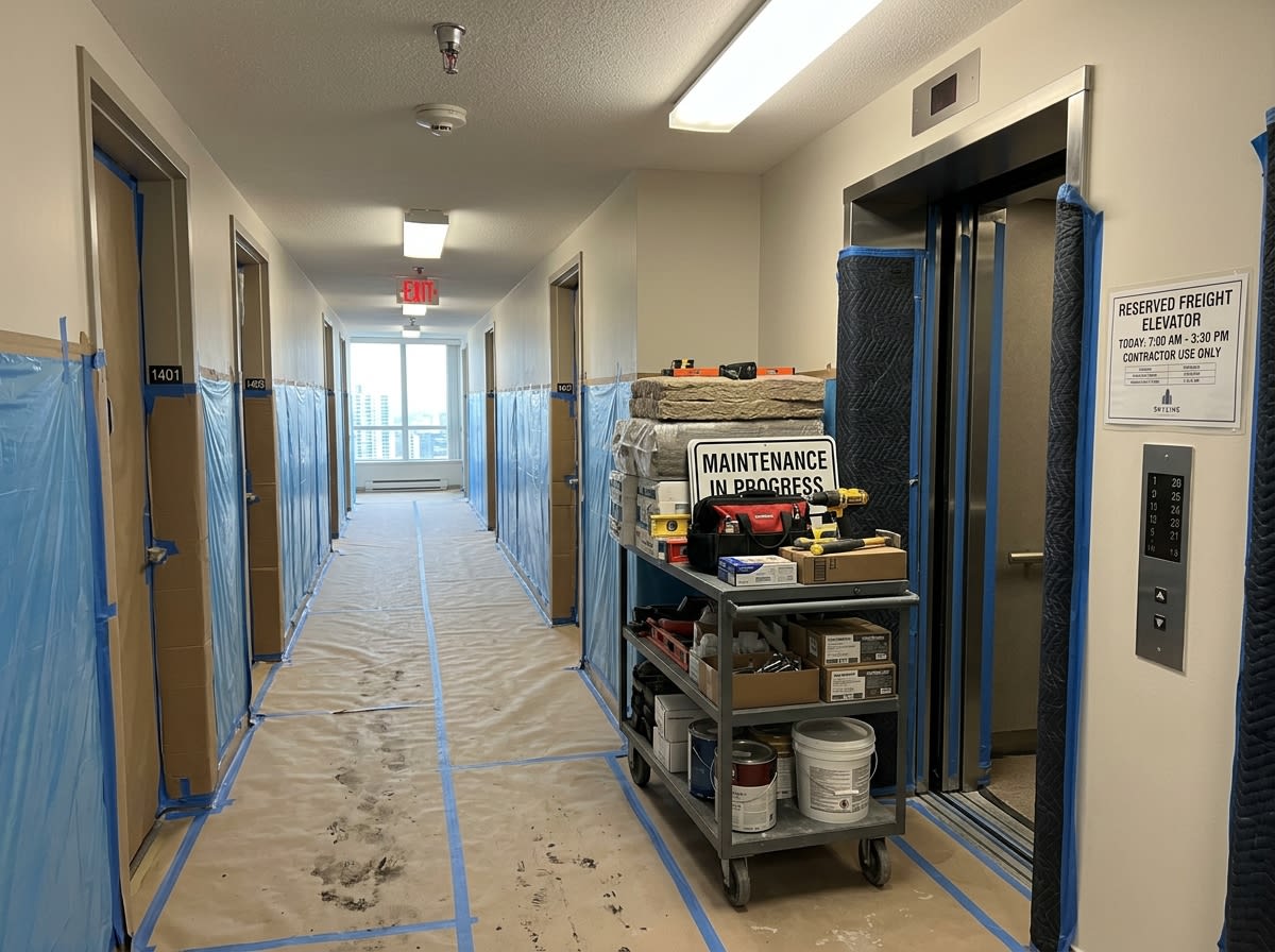 Protected Chicago high-rise hallway with material cart at a reserved freight elevator during condo renovation