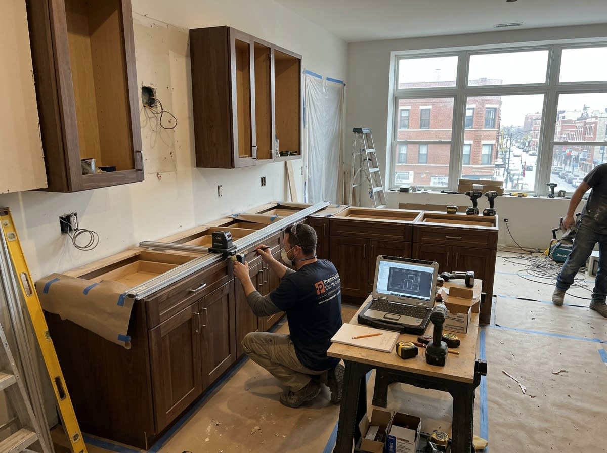 Chicago condo kitchen mid-renovation with installed cabinets and counter templating showing the build sequence