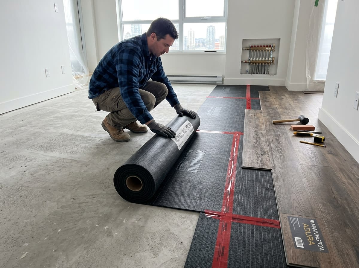 Acoustic underlayment installed over a Chicago condo subfloor before hard flooring to meet IIC ratings
