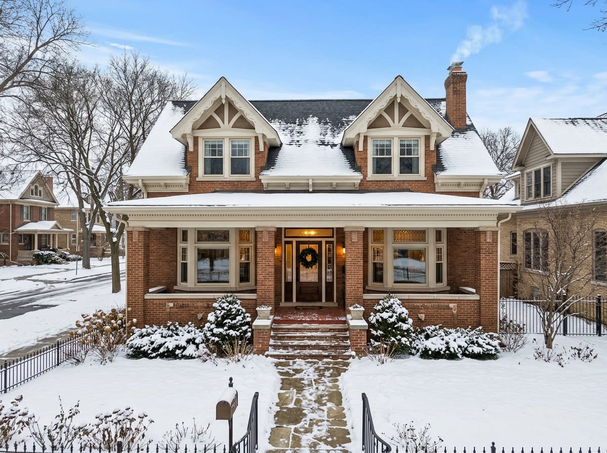 Chicago home with twin gable dormers showing classic style and steep roofs that shed snow well