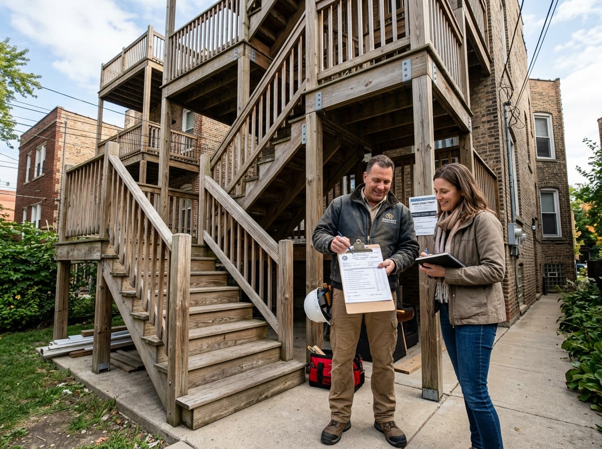 Property owner and contractor reviewing a Chicago porch repair permit and inspection checklist