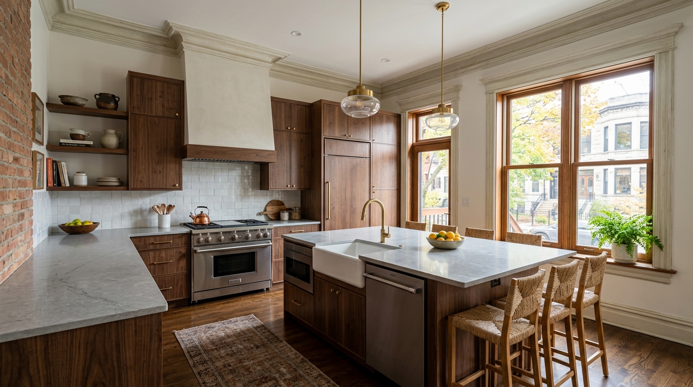 Quartz countertop and tile backsplash detail in Chicago kitchen remodel
