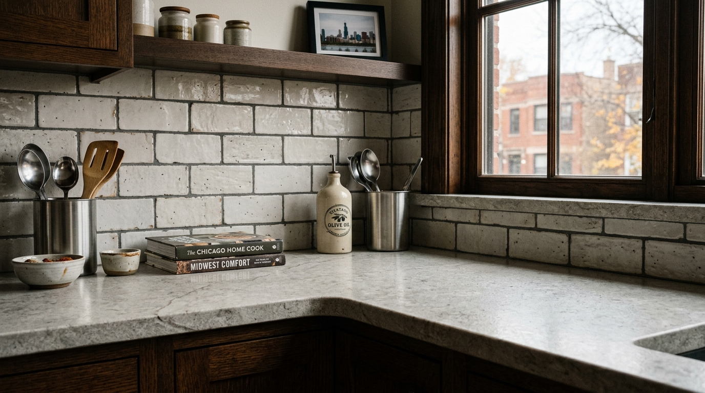 Historic Chicago greystone kitchen with preserved crown molding and modern updates