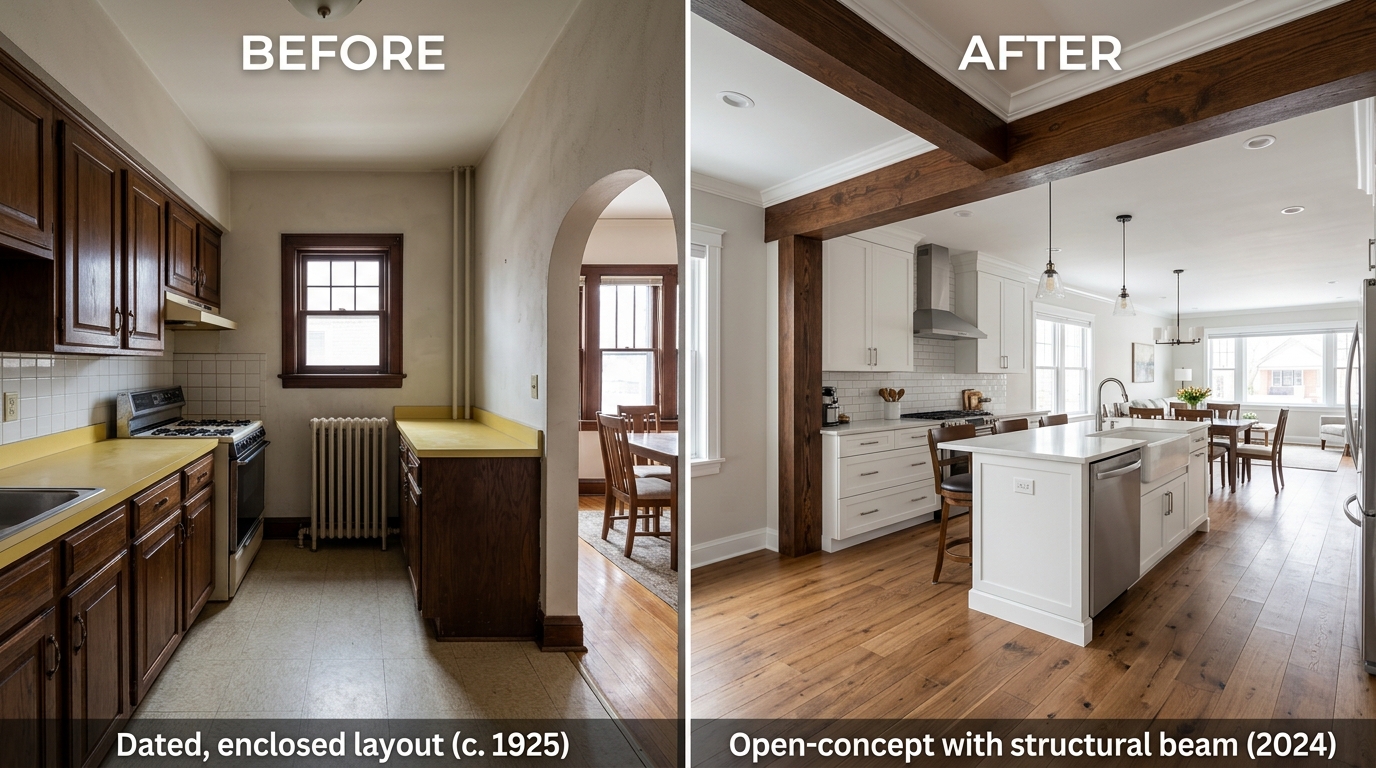 Chicago bungalow kitchen before and after open concept renovation with structural beam