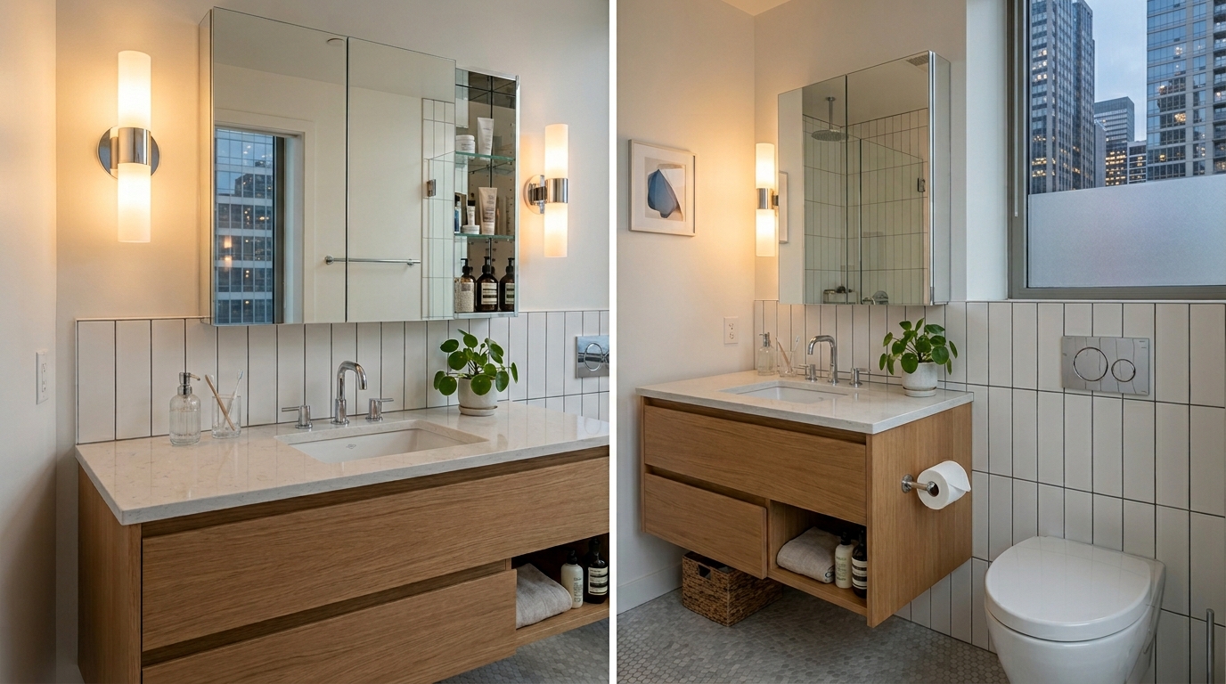 Floating vanity and wall-hung toilet in small Chicago condo bathroom maximizing floor space