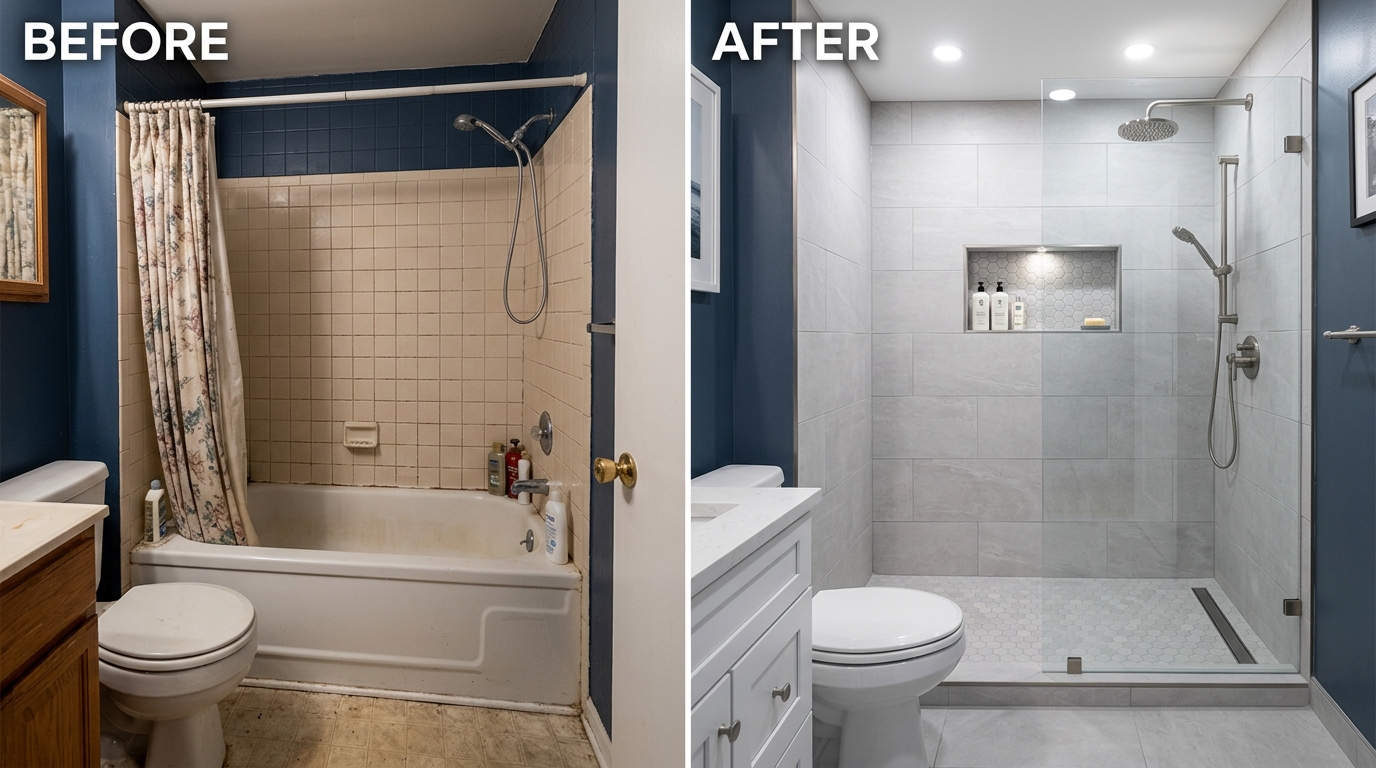 Before and after Chicago condo bathroom remodel showing tub to shower conversion with built-in storage niche