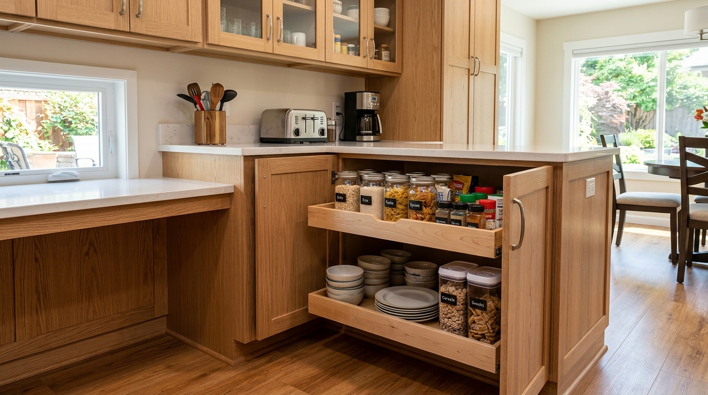 Accessible kitchen design in room addition with pull-out shelving and convenient storage heights for aging residents